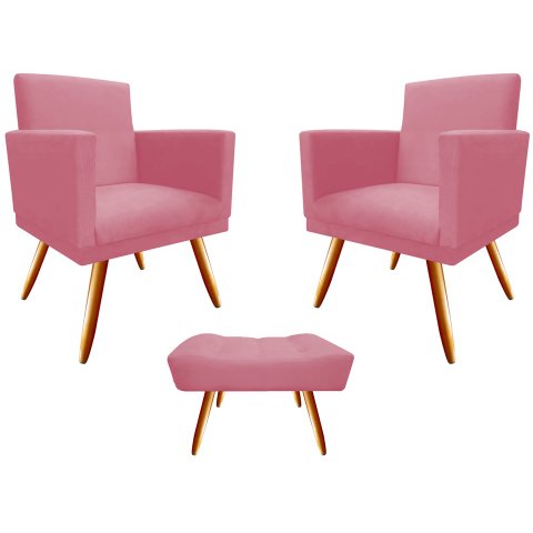Kit 2 Poltronas Decorativa Nina + Puff Retangular Suede Rosa Pés Madeira Mz Decor