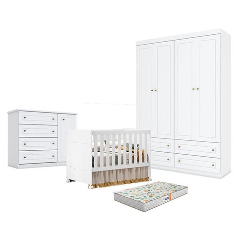 Quarto de Bebê Americano 4 Portas com Berço Americano Katatau Branco Acetinado – Reller - Henn e Col