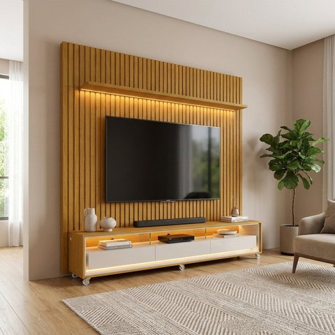 Rack com Painel Ripado para TV até 90 Polegadas em MDF com LED 217cm x 228,8cm Casuá Marrom Naturale