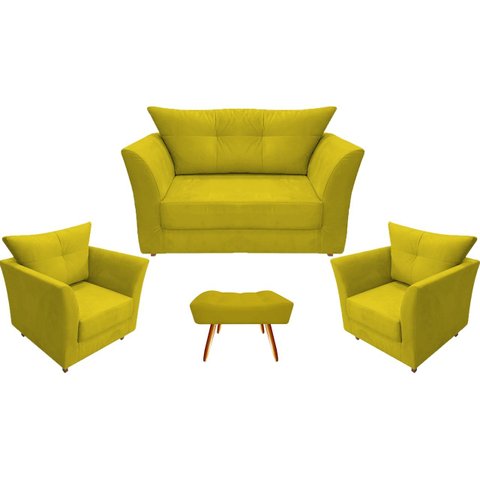 Kit Namoradeira + 2 Poltronas Decorativa Isis + 1 Puff Retangular Couro Amarelo Pés Madeira Mz Decor