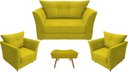 Ver imagem 1 de Kit Namoradeira + 2 Poltronas Decorativa Isis + 1 Puff Retangular Couro Amarelo Pés Madeira Mz Decor