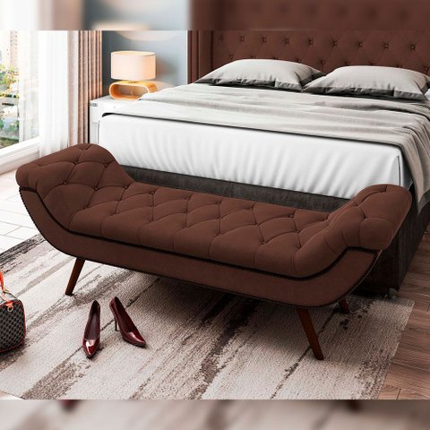 Puff Recamier Decorativo com Tachas 195 cm Santorini P05 Veludo Marrom - Lyam Decor