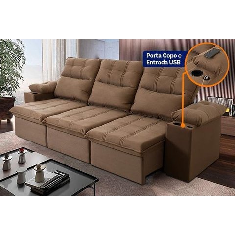 Sofá Retrátil Reclinável Verona Usb + Porta Copo 2,30m Suede Velut Bege C/ Molas no Assento -