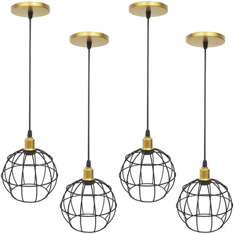 4 Pendentes Aramado Globo Preto Luminária Lustre Industrial Teto Vintage Dourado Agp Ilumini
