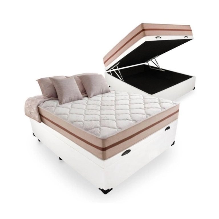 Cama Box Baú Viúva Tecido Sintético Branco com Colchão Pillow Angel - Bello Box - Molas Ensacadas 62