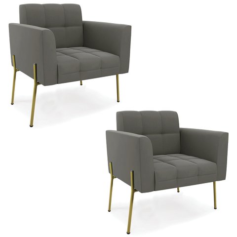 Poltrona para Sala Pé Metal Dourado Kit 2 Ana Suede Grafite - Ibiza