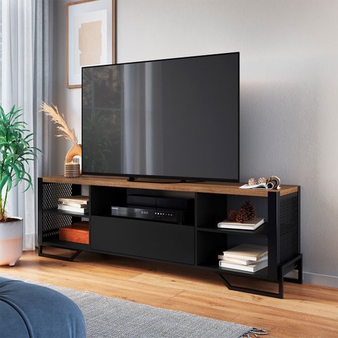 Rack para Tv 183cm até 65" Polegadas Industrial Telado com Gaveta e Nichos P1017 Preto