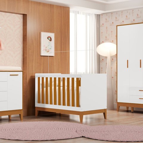 Berço 2 em 1 em MDF 133cm x 90cm Flip Branco/Fosco/Savana