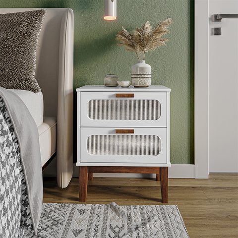 Mesa de Cabeceira 2 Gavetas Santorini Branco 45 Cm com Tela Indiana