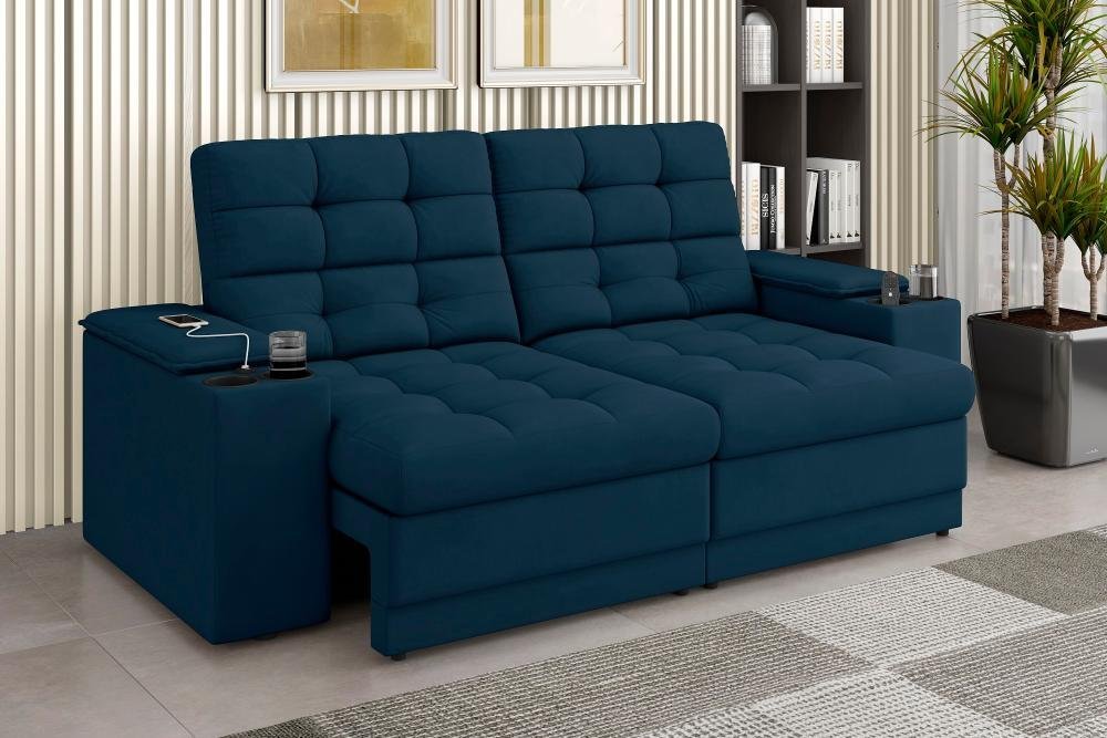 Sofá Confort Premium 1,70m Assento Retrátil/reclinável Porta Copos e Usb Suede Azul - Xflex Sofas