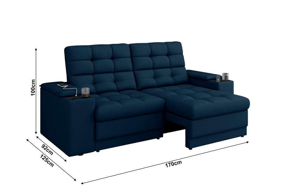 Sofá Confort Premium 1,70m Assento Retrátil/reclinável Porta Copos e Usb Suede Azul - Xflex Sofas - 2