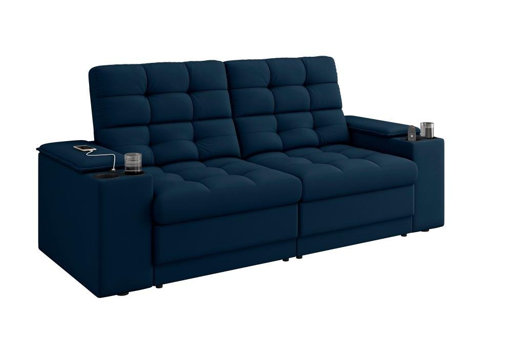 Sofá Confort Premium 1,70m Assento Retrátil/reclinável Porta Copos e Usb Suede Azul - Xflex Sofas - 4