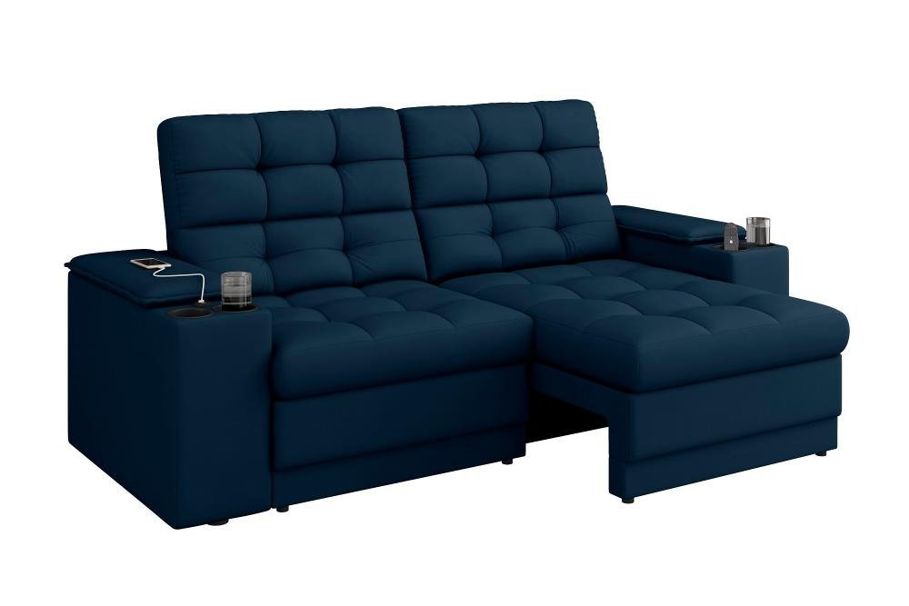 Sofá Confort Premium 1,70m Assento Retrátil/reclinável Porta Copos e Usb Suede Azul - Xflex Sofas - 3