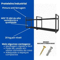 Prateleira Industrial Sala Estar Estante Nicho Parede Mdf Suspensa Pratileira Ferro Preto - 8