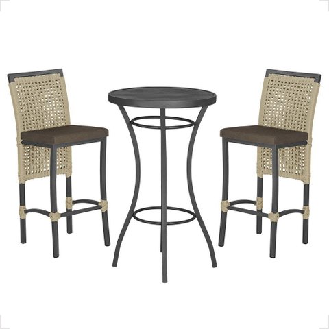 Mesa Bistrô e 2 Banquetas Roma Preta Corda Náutica Estofado 9 Trama Original