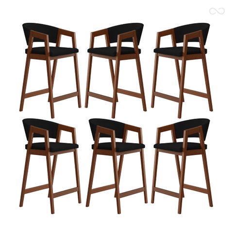 Kit 6 Banquetas Alta para Cozinha Ravena em Madeira Maciça Pinhão Suede Preto Ccs