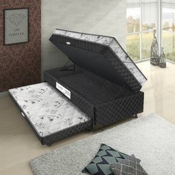 Bicama Box Baú Solteiro Conjugado Espuma com Cama Auxiliar Bicama 3 em 1 - Matelassê Preto - 1
