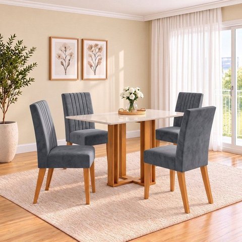 Conjunto Sala de Jantar Mesa Manu 120cm Tampo MDF Canto Reto 4 Cadeiras Lily