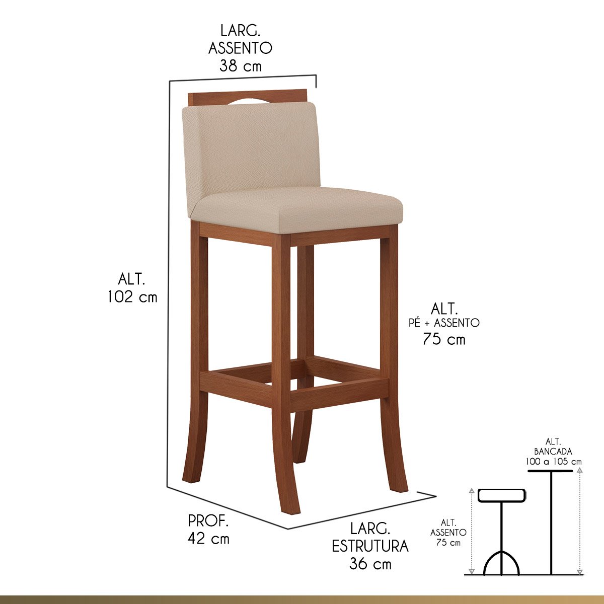 Kit 3 Banquetas Alta Encosto Estofado 38x102 Cm Turim Madeira Maciça Pinhão Suede Bege CCS - 2