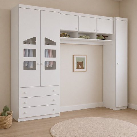 Guarda Roupa Modulado Ponte Aérea Quarto Infantil Bebê Eloisa 6 Portas 3 Gavetas Branco Phoenix Baby