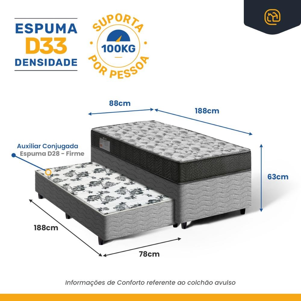 Cama Box com Colchão de Espuma D33 Ortobom Iso 100 + Auxiliar de Espuma Unique Solteiro 88cm - 2