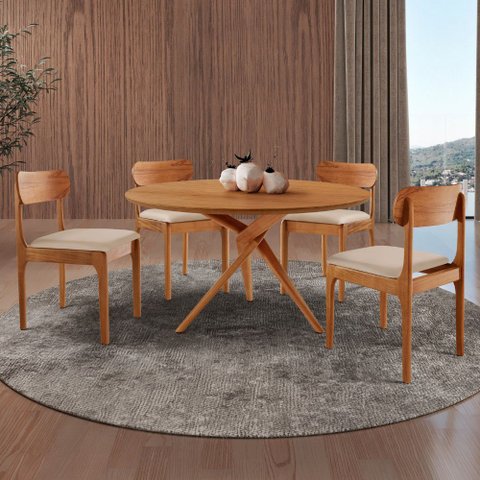 Sala de Jantar Mesa Ballare 135cm Tampo Laminado Redondo com 4 Cadeiras Star