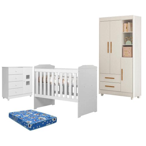 Guarda Roupa Flocos com Cômoda Life Berço Americano Carinho Branco Acetinado Colchão Americano Ortob
