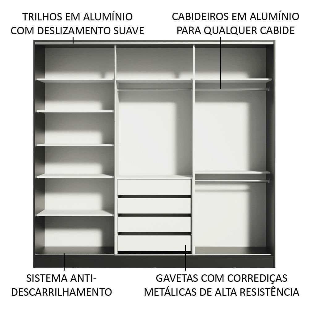 Guarda-Roupa Casal 100% MDF Madesa Zurique 3 Portas de Correr de Espelho Preto Cor:Preto - 5