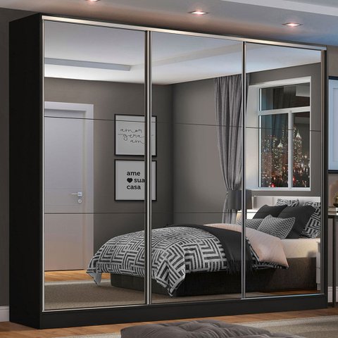 Guarda-Roupa Casal 100% MDF Madesa Zurique 3 Portas de Correr de Espelho Preto Cor:Preto