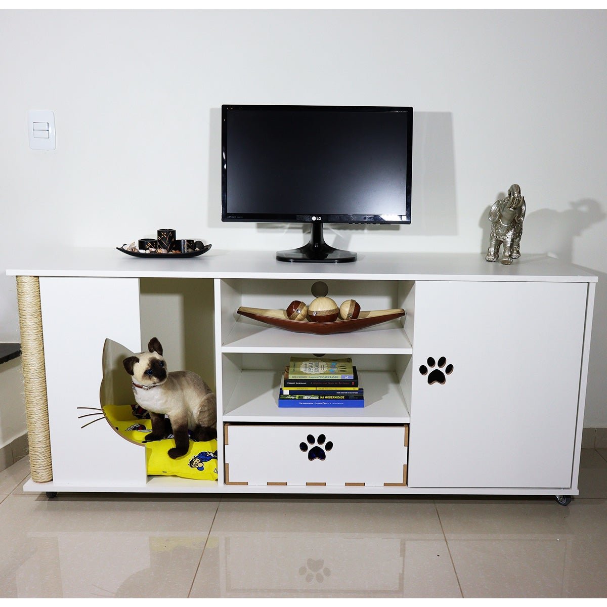 Rack para TV Pet Cama Casa Gato Arranhador Nicho com Colchão:Branco - 6