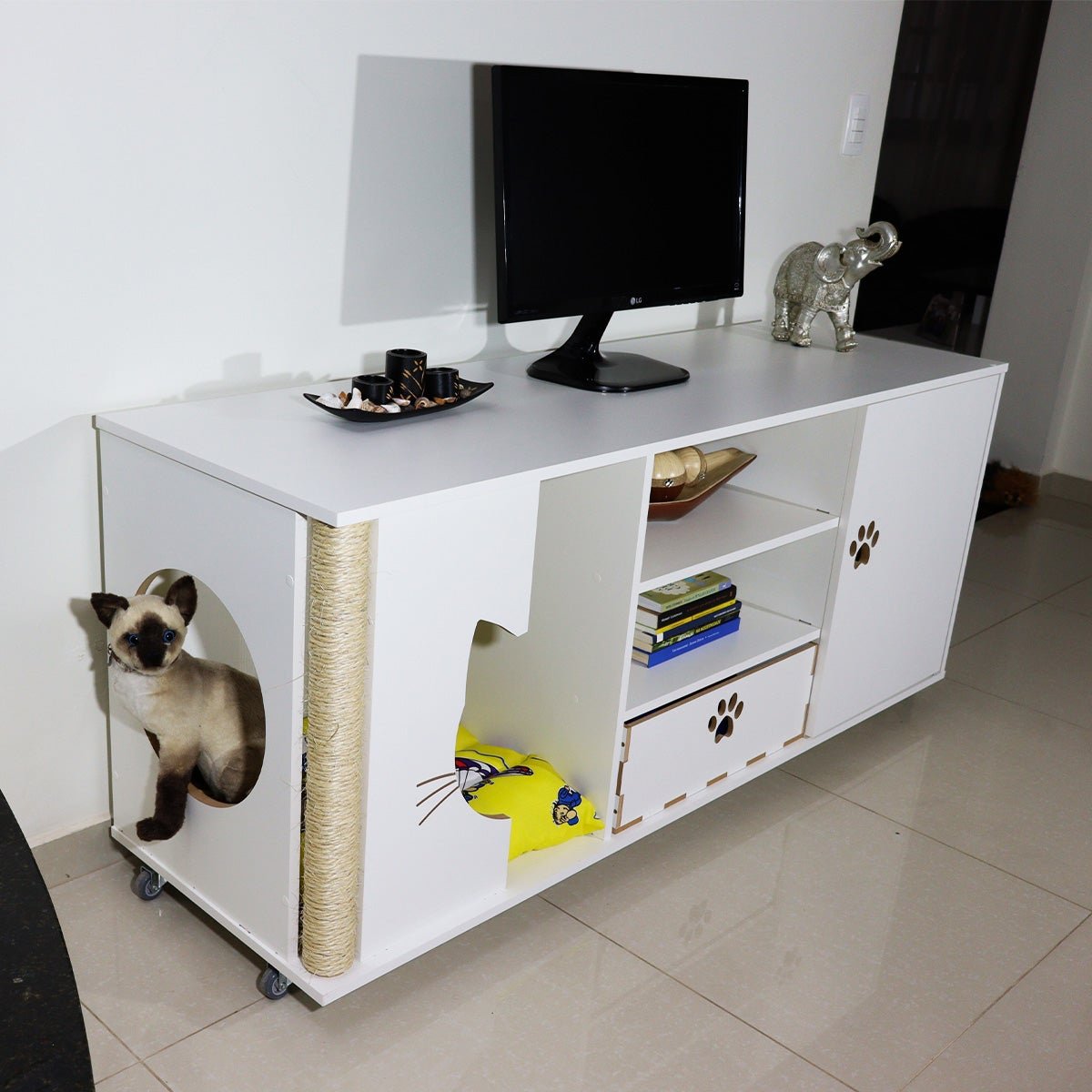 Rack para TV Pet Cama Casa Gato Arranhador Nicho com Colchão:Branco - 4