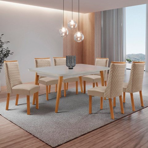 Mesa de Jantar Copper 180cm Tampo MDF Vidro Canto Copo com 6 Cadeiras Carolina