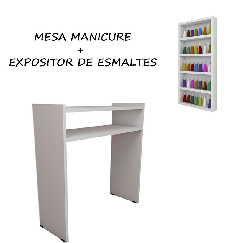 Kit Manicure Mesa 60cm com Prateleira +Expositor de Esmaltes 30x60x6 Branco - 2