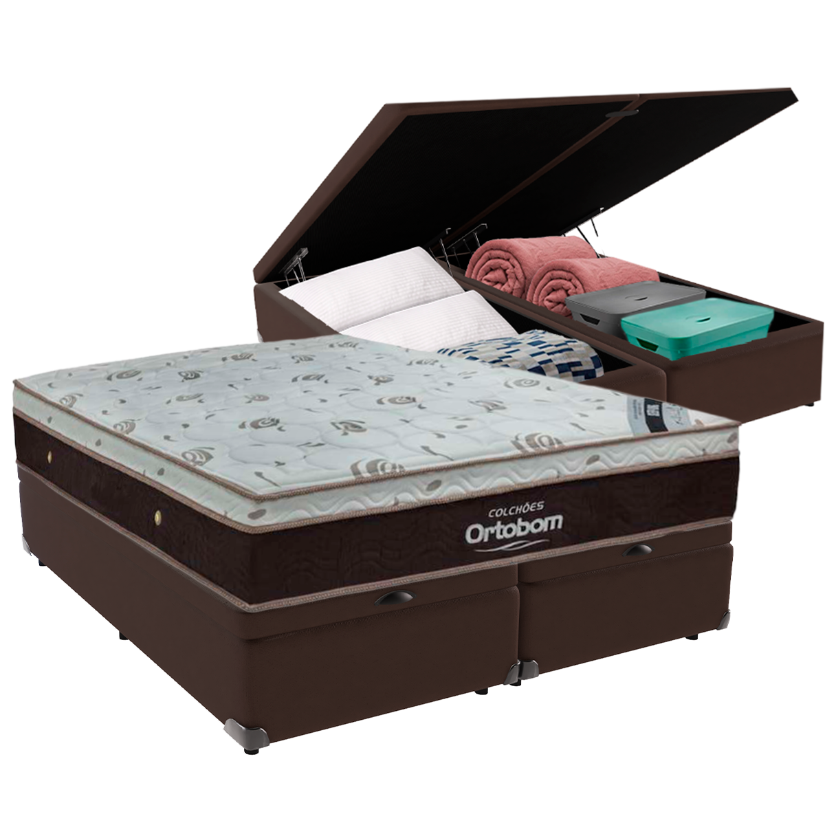 Cama Box Baú Blindado e Reforçado Queen Marrom e Colchão Sleep King Molas Ensacadas Ortobom