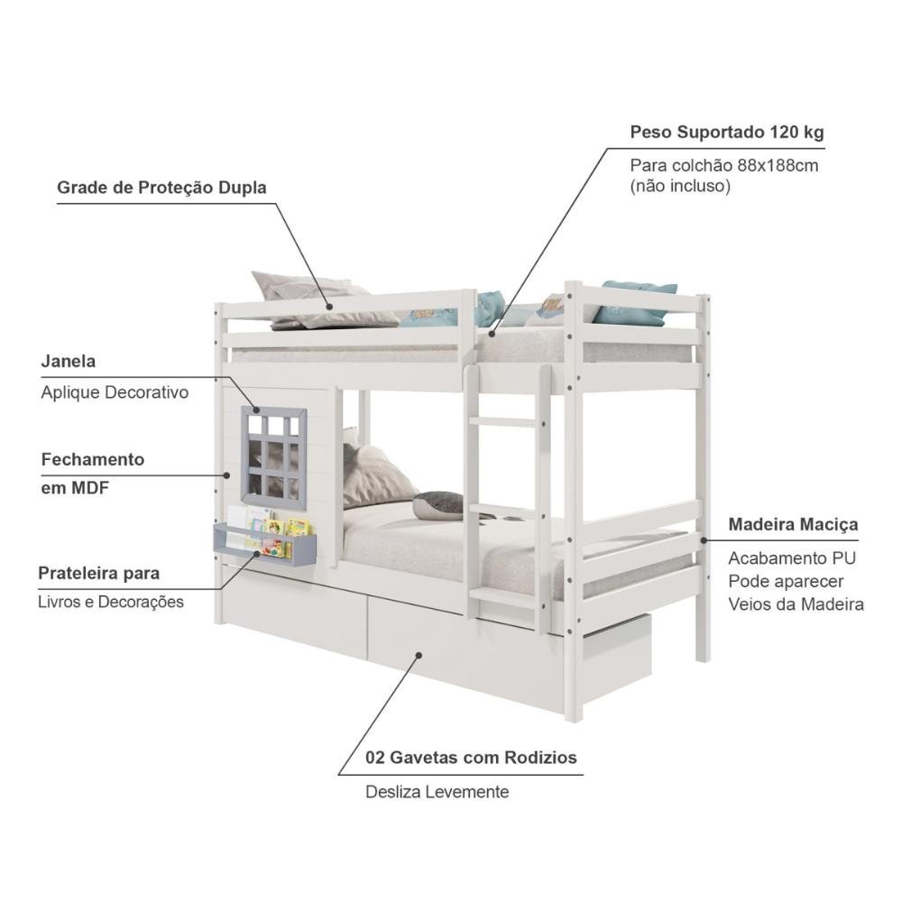 Beliche Infantil com Janela e Gavetas Madeira Maciça Branco/ Cinza Housin - 3