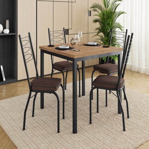 Conjunto Sala de Jantar Mesa Quadrada com Tampo BP com 4 Cadeiras Adriana Preto/Madeira Imbuia/Demolição