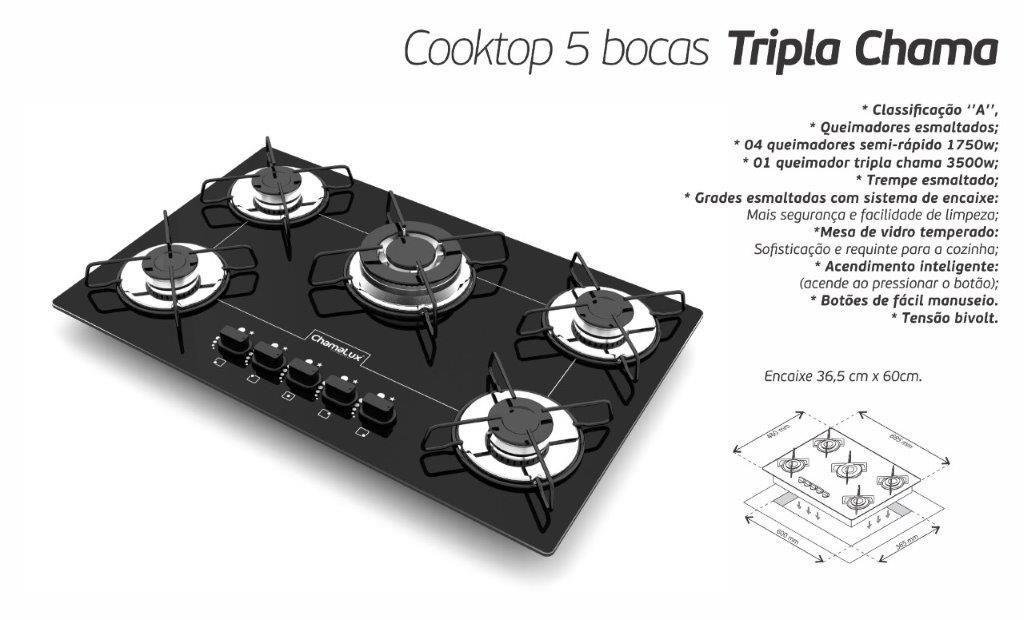 Fogão Cooktop 5 Bocas Ultra Chama Bivolt - Preto - Chamalux - 2