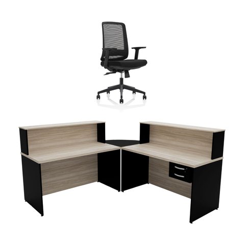 Balcão de Atendimento em L com Gaveta 140x60cm para Recepção + Cadeira de Escritório Reclinável