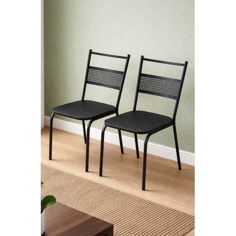 Kit 2 Cadeiras Sara Linha Robusta e Elegante no Aço Preto Altura 85cm Estofado Preto Liso