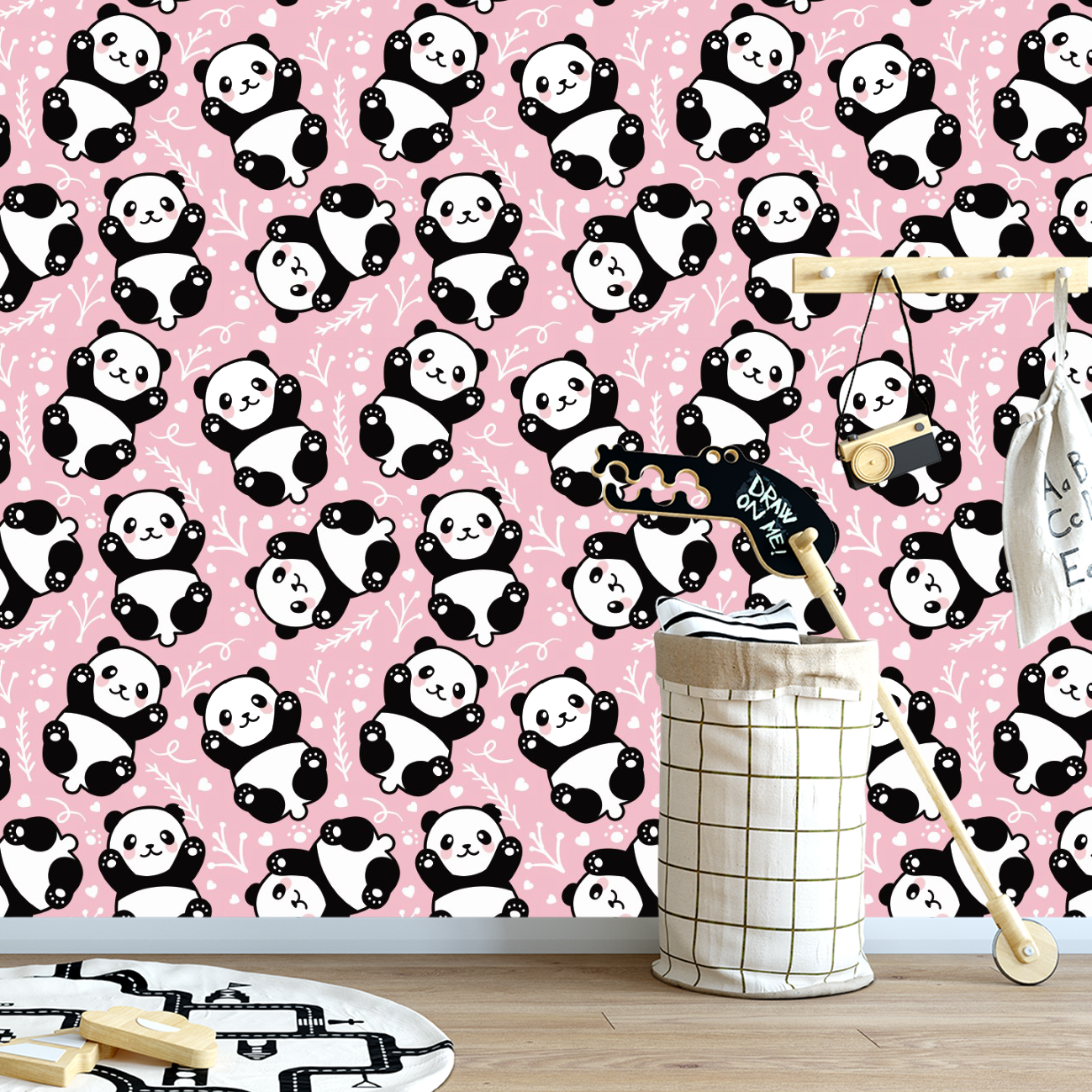 Papel de Parede Adesivo Desenho Panda com Fundo Rosa 9m