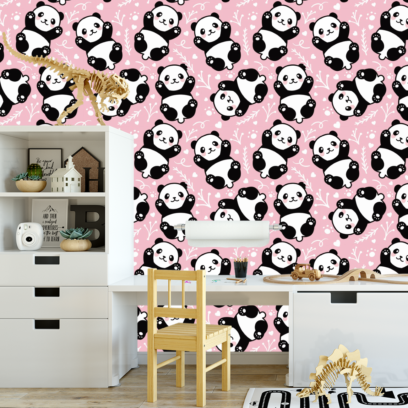 Papel de Parede Adesivo Desenho Panda com Fundo Rosa 9m