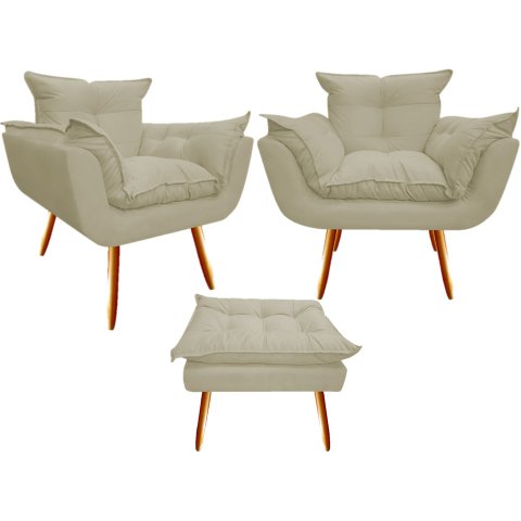 Kit 2 Poltronas + Puff Decorativo Opala Suede Bege Pés Madeira Ms Decor