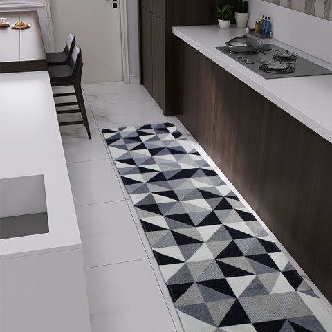 Passadeira Tapete Corredor Cozinha Antiderrapante Mosaico 1,30 X 0,45 Preto Decorativo Preto