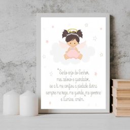 Quadro Santo Anjo Anjinha Menina 33x24cm - com vidro:Madeira preta - 2