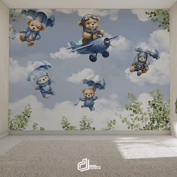 Papel de Parede Painel Ursinho Aviador Aquarelado - 1