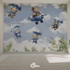 Papel de Parede Painel Ursinho Aviador Aquarelado