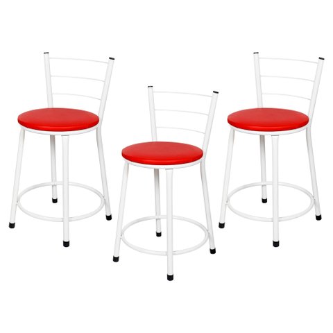 3 Banquetas Baixa para Cozinha Epoxi Branca:vermelho