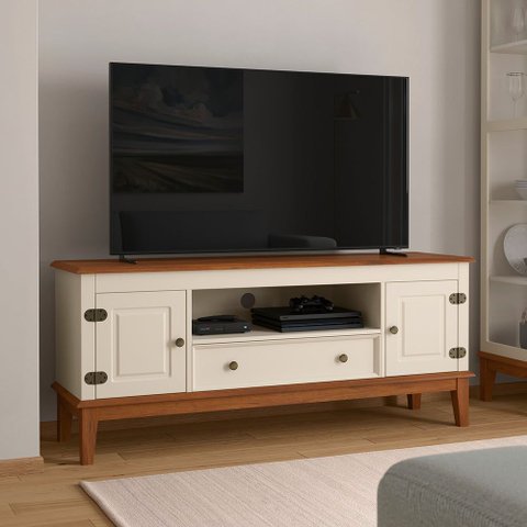 Rack para TV 65 Polegadas Madeira Maciça 2 Portas 1 Gaveta Rústico 149cm Off White - Apaixone & Decore