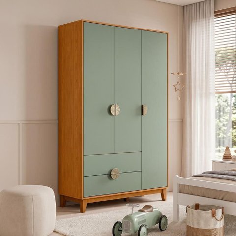 Guarda Roupa Solteiro 3 Portas 2 Gavetas Pés Retrô Abruzzo A04 Cinamomo Sálvia - Lyam Decor