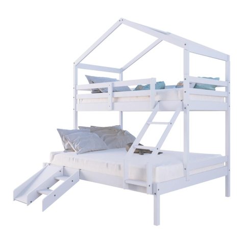 Beliche Casal/ Solteiro Casinha com Kit Escada/Escorregador Madeira Maciça Branco Megamobilia